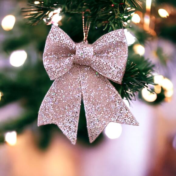 2- Mesh Bow Ornaments Christmas Large 11 in Pink Glittering Hanging - Picture 3 of 4